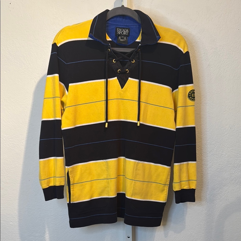 Escada Sport Yellow and Black Striped Rugby Collared Sweatshirt